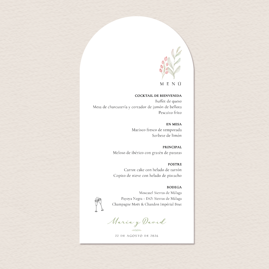 Menú de boda con flores y detalles elegantes en diseño minimalista.