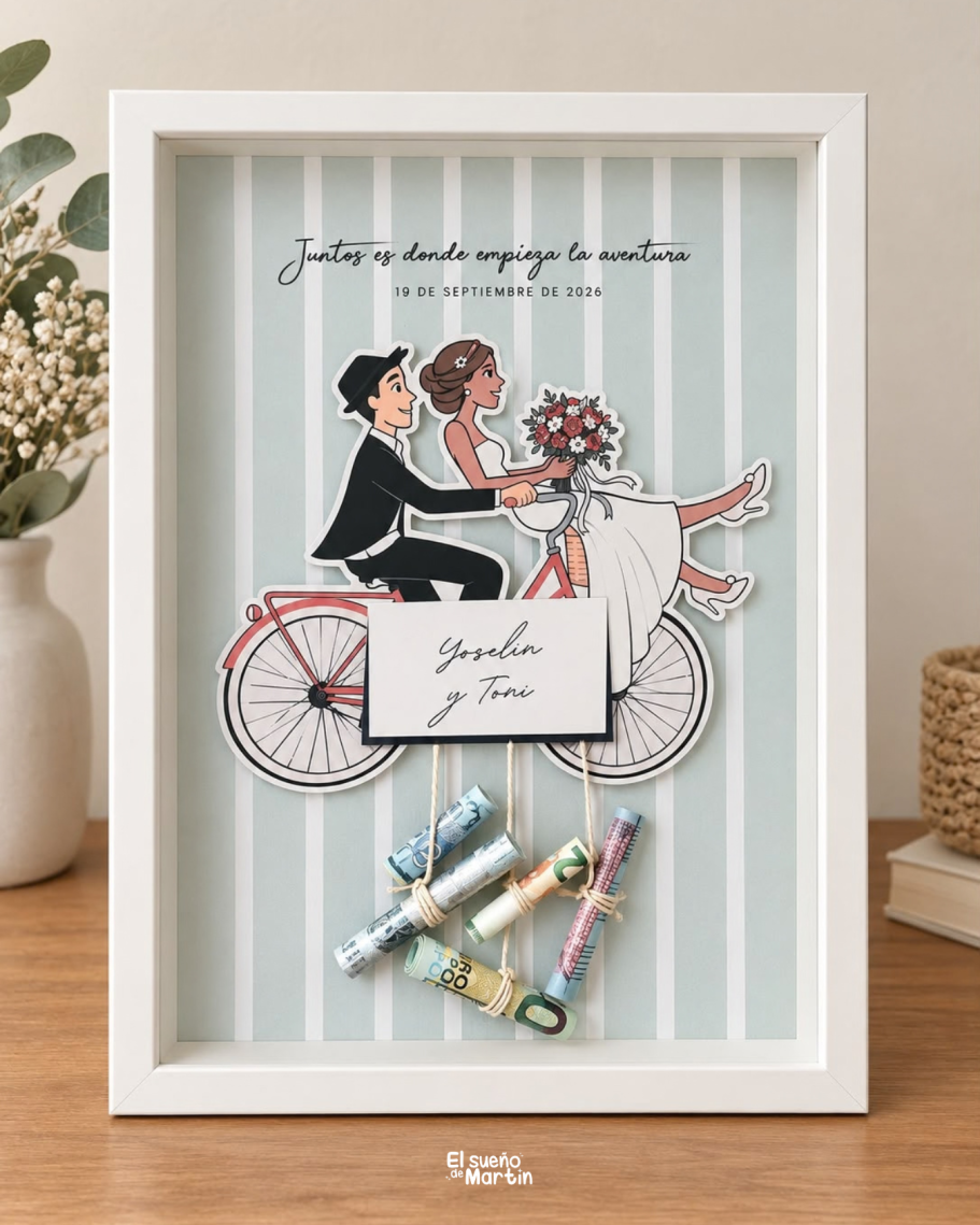marco de dinero personalizado para novios Cuadro novios bicicleta