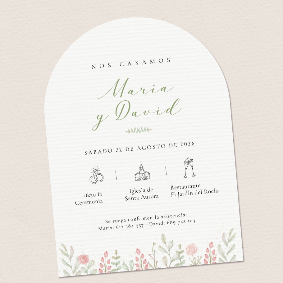 Invitación de boda de María y David, con detalles florales y datos del evento.
